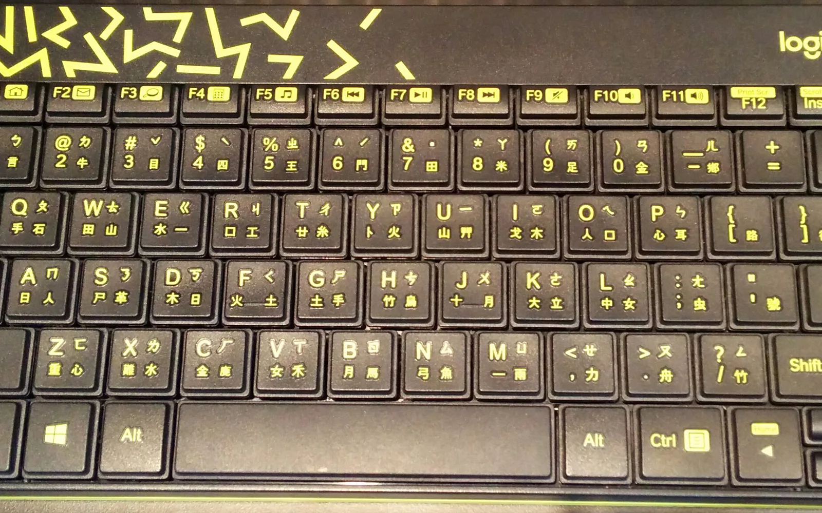 Nærbilde av et mørkt tastatur med gule tegn og gul dekor.