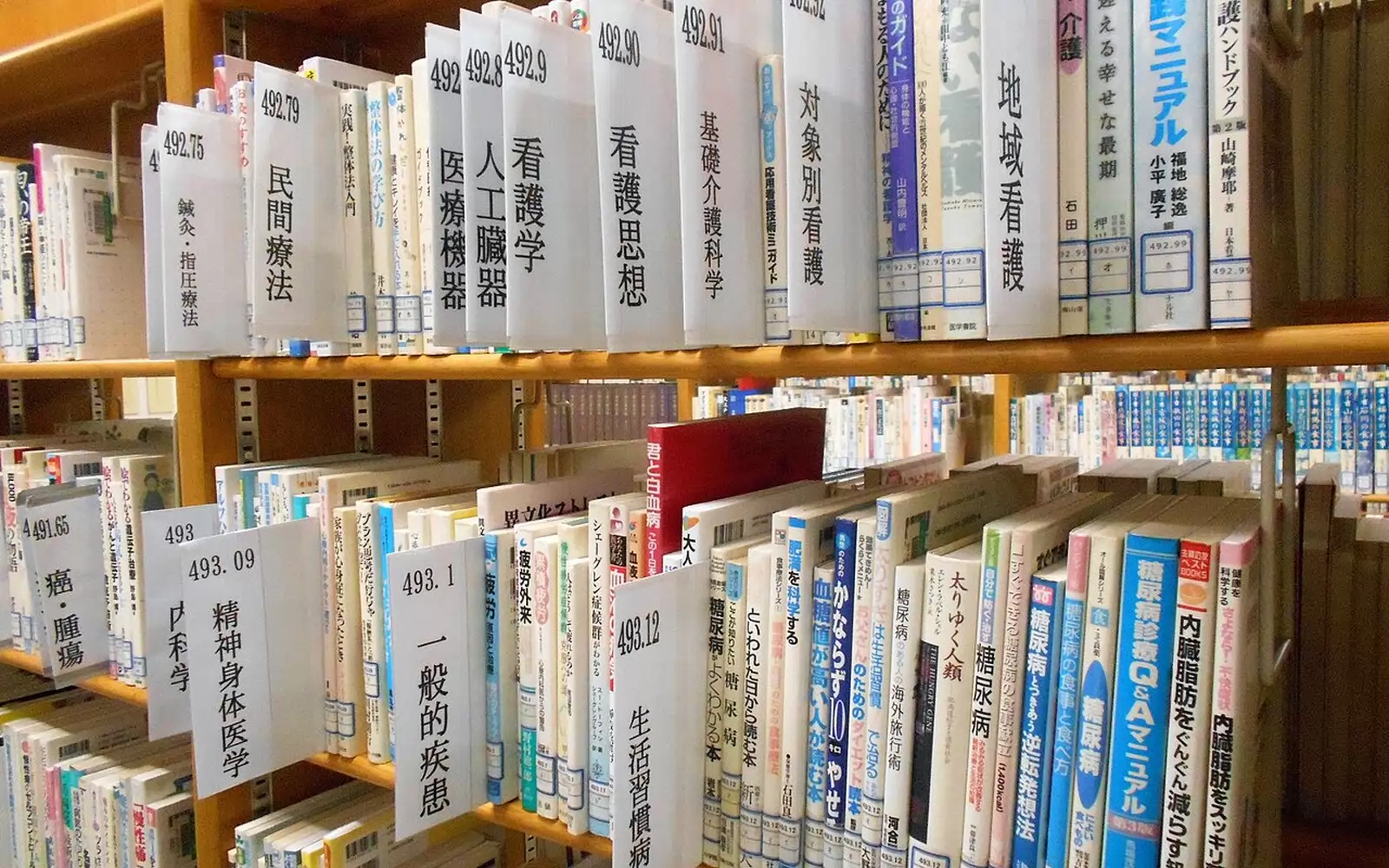 Medisinsk og helserelatert litteratur i et japansk bibliotek; uten tilknytning til oppkjøpet.